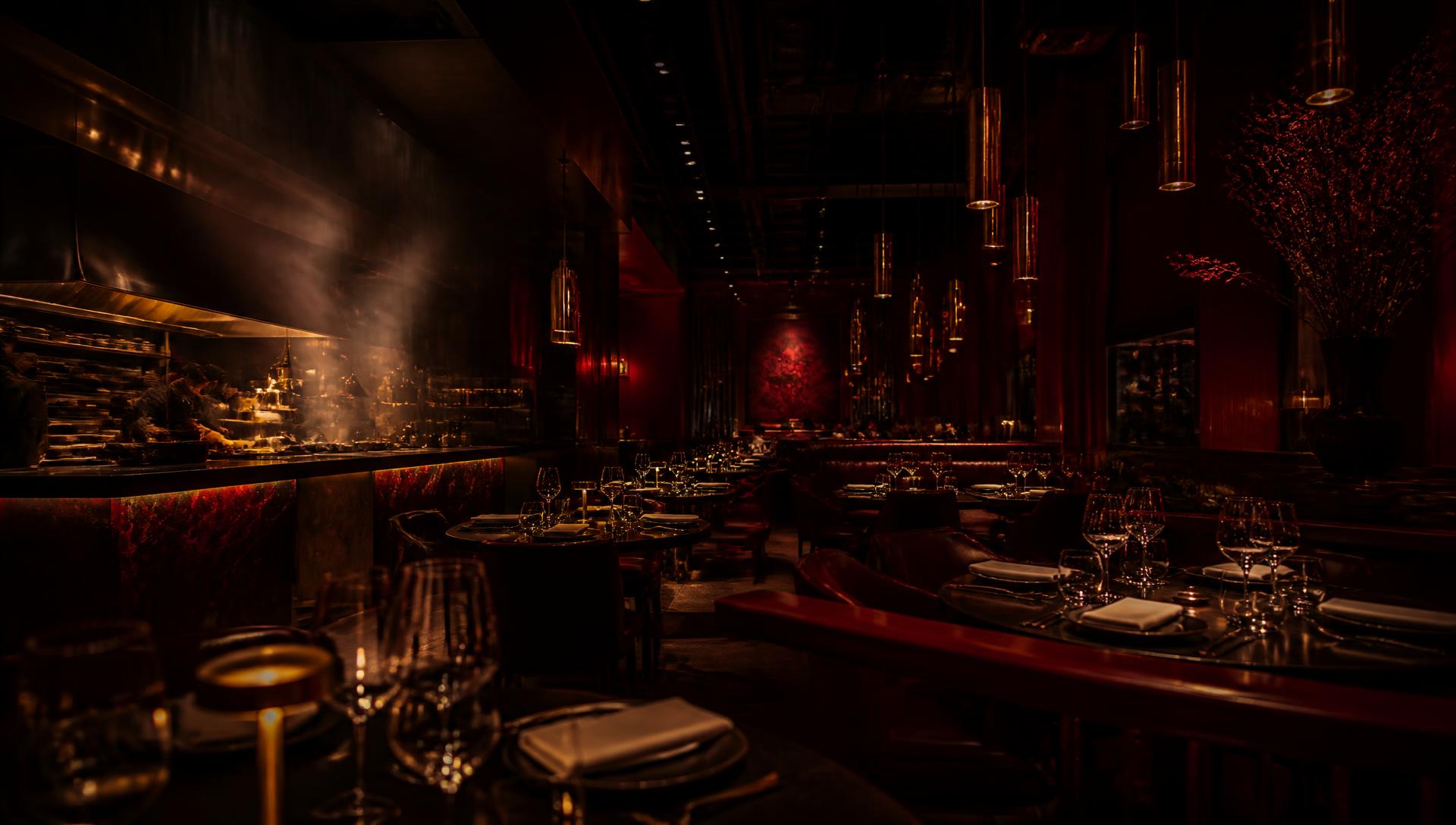 Karma Restaurant dining room lit in deep red